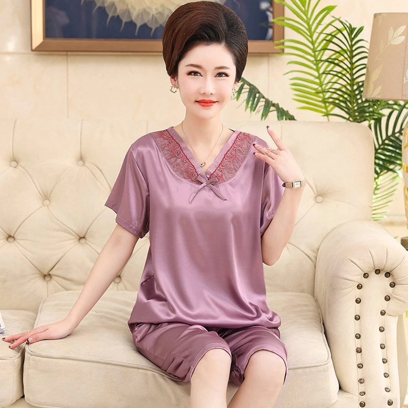 妈妈装睡衣短袖夏季冰丝加肥加大码薄款休闲宽松胖女士家居服套装