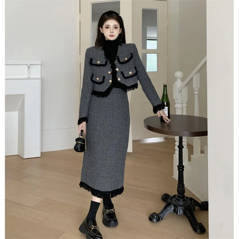 8238【朵拉】大码秋冬新款流苏时尚毛呢气质小香风高腰半身裙套装