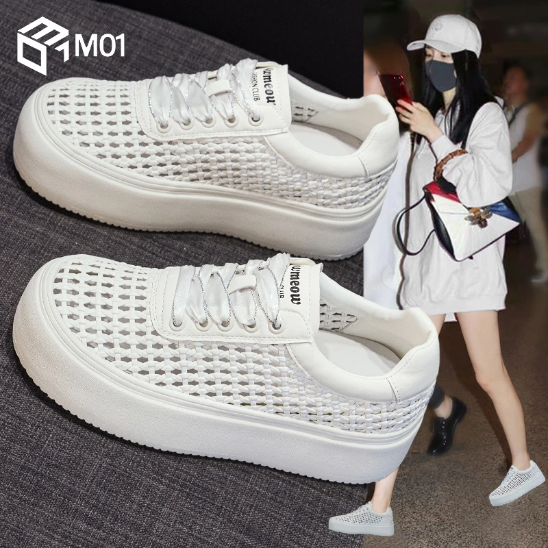 M01夏季网面单鞋女透气薄款新款百搭小白鞋编织镂空厚底休闲板鞋