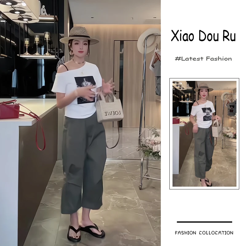 夏季流行穿搭一整套新款2025韩版气质减龄设计感T恤阔腿裤两件套