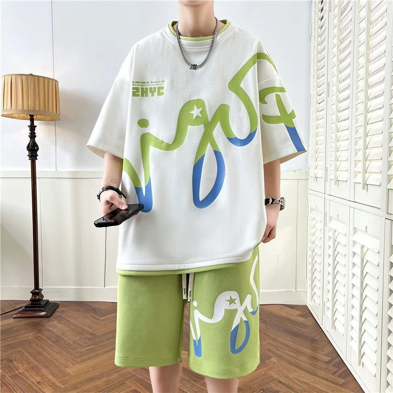 青少年学生运动套装夏季休闲套装运动潮流短袖短裤帅气宽松两件套