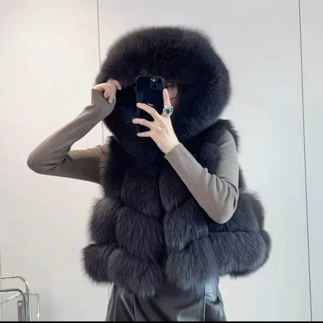2025秋冬狐狸真毛短款连帽时尚马甲