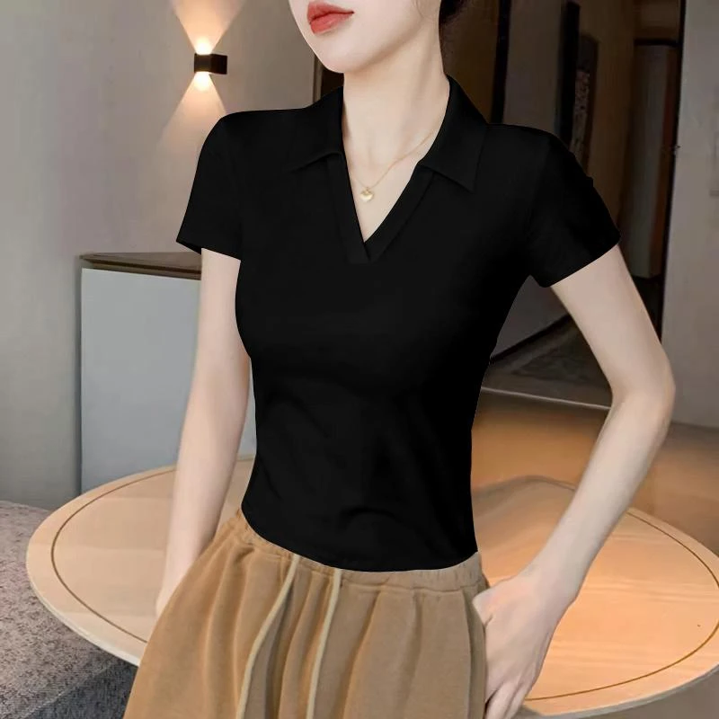 黑色polo领短袖T恤女夏2025新款紧身小众正肩甜辣高级感螺纹上衣