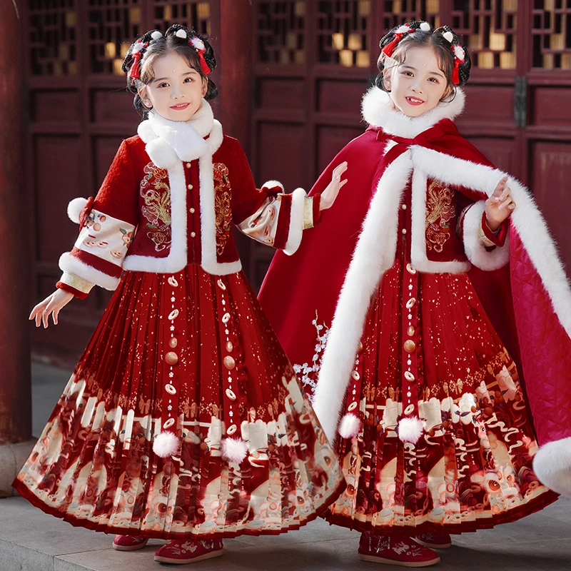99339儿童汉服女童中国风唐装加厚冬款夹棉套装女宝过年拜年服裙
