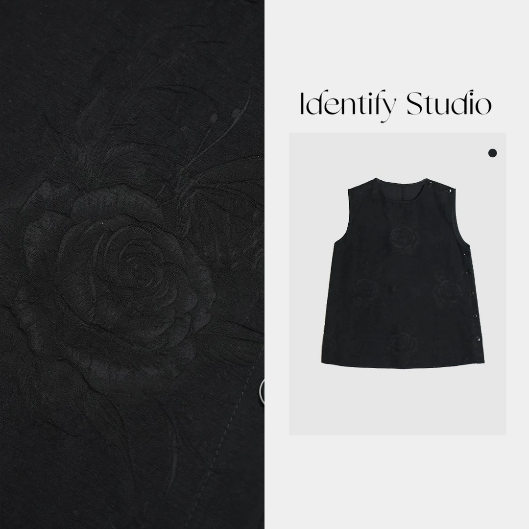 IDENTIFY香香“映花”春季黑色暗纹提花马甲上衣25SS