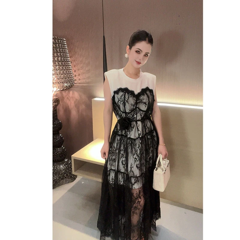 （配腰带）蕾丝拼接无袖连衣裙LYQ30455