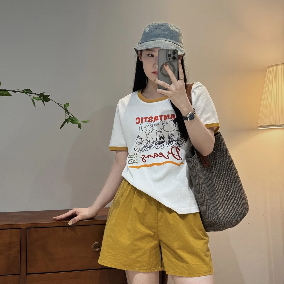 韩版休闲减龄舒适时尚印花字母撞色圆领短袖T恤女-J25212302