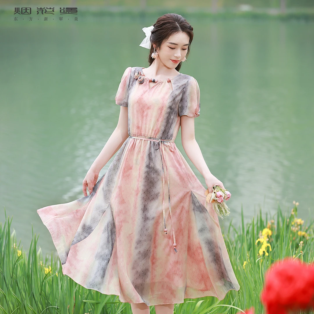 烟花烫复古气质连衣裙女 2025夏季新款晕染收腰中长款裙子 晨茗