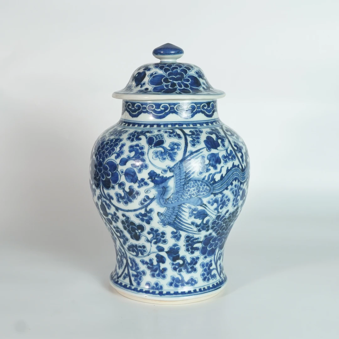 LABC250602038【十竹斋】清康熙凤穿牡丹青花将军罐