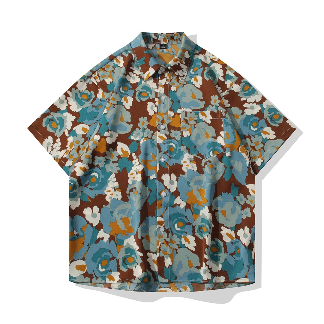 高级感小清新印花五分袖夏季美式情侣宽松衬衫痞帅设计感短袖男潮