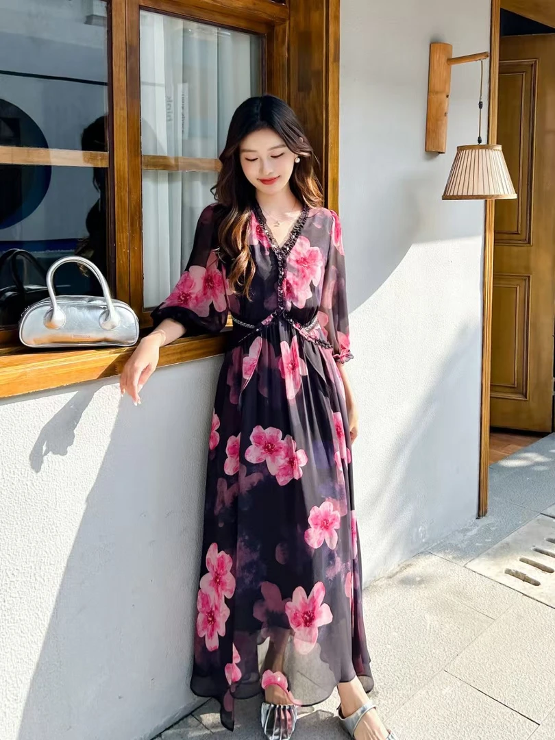 花想容2025时尚夏季气质碎花显瘦显白印花法式收腰长款连衣裙