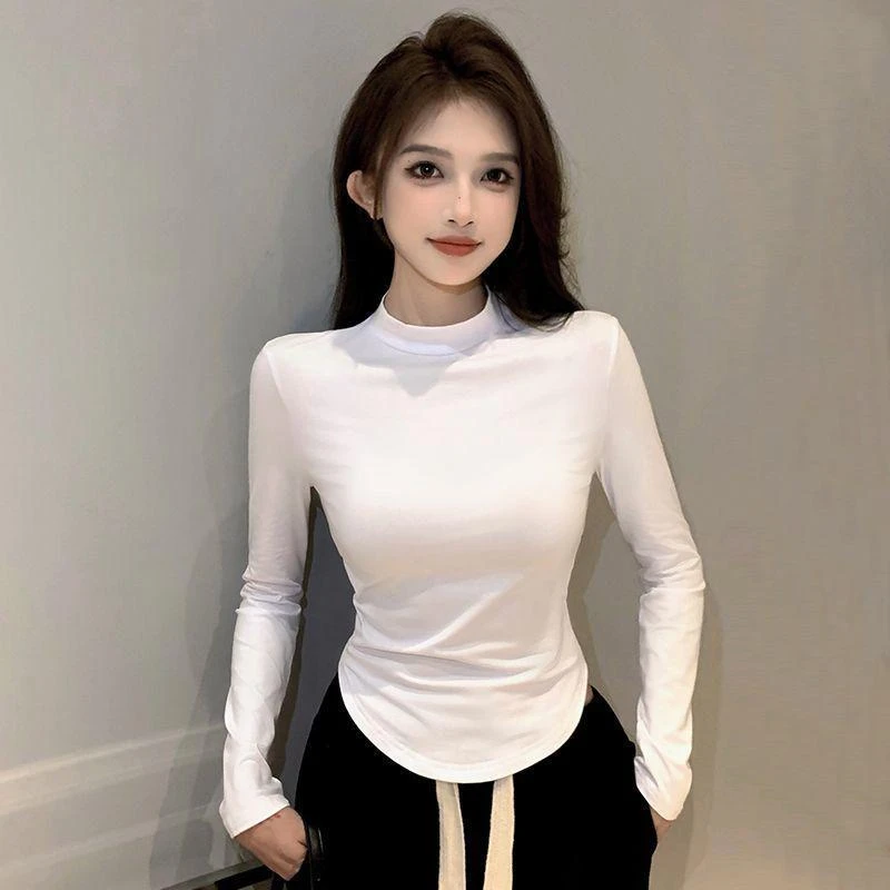 D2036# 新款半高领长袖打底衫女春秋弧形下摆设计显瘦修身T恤白色