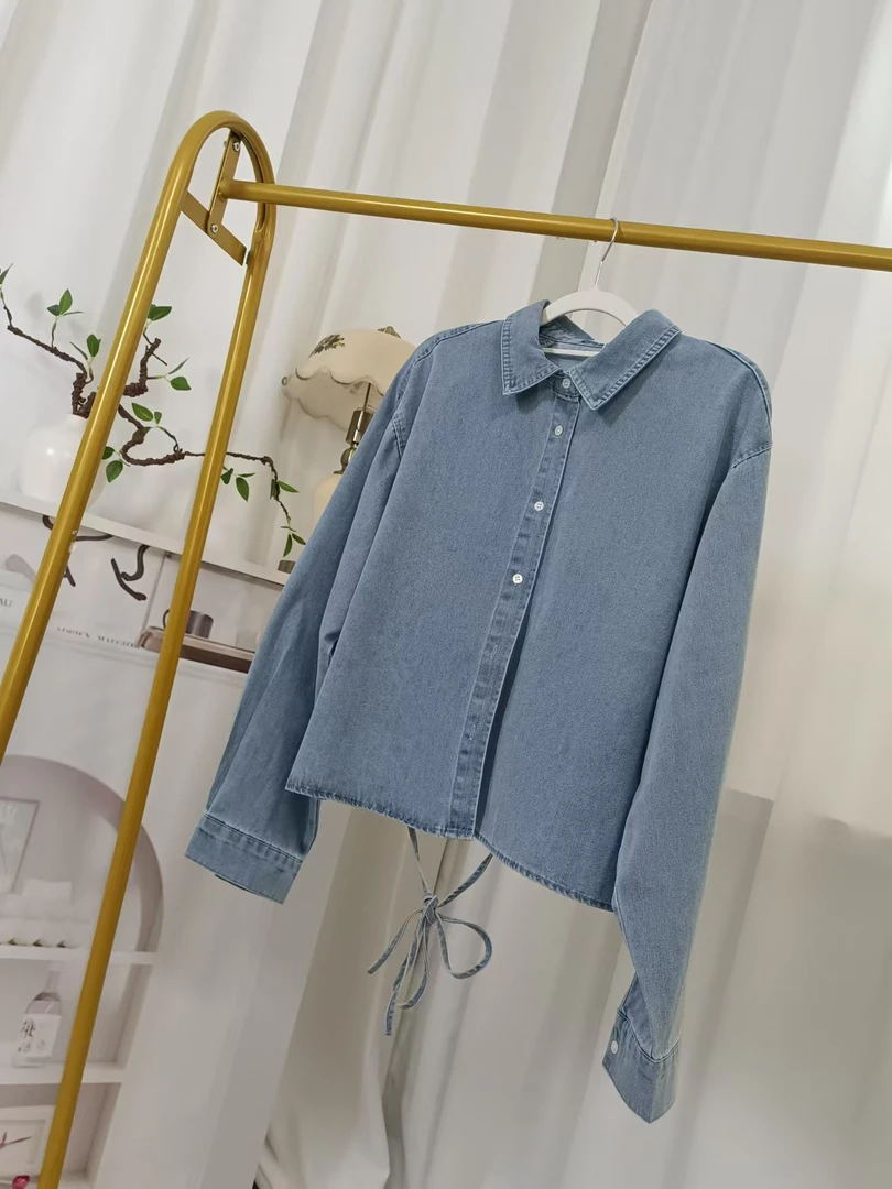高货爆款~不规则纽扣后系带牛仔衬衫女外套短款薄开衫