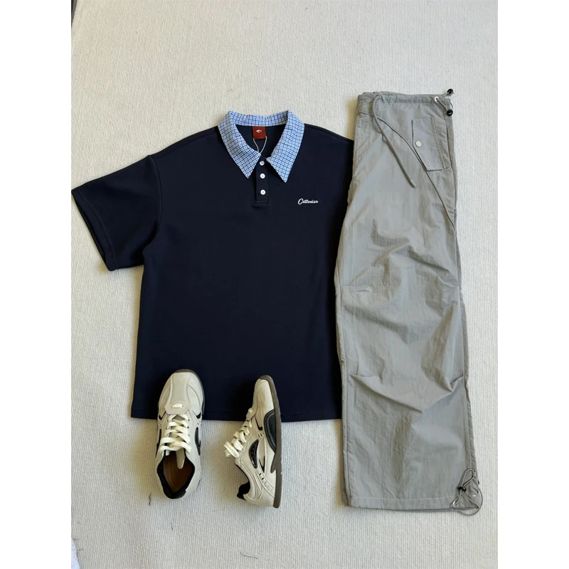 学院风假两件格子Polo衬衫短袖男女夏季美式潮牌撞色拼接翻领T恤