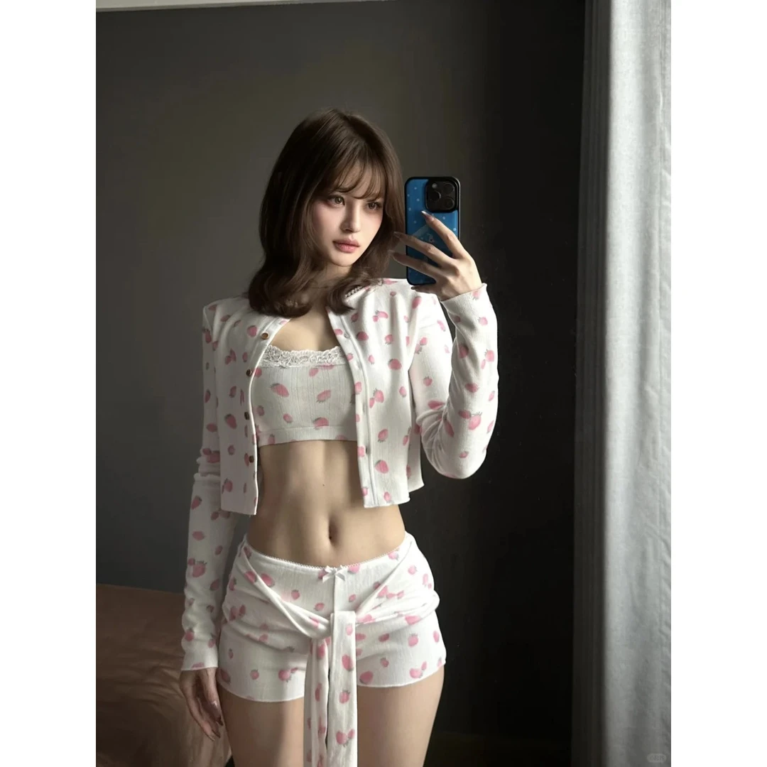 【草莓印花】法式长袖短裤睡衣女春夏季2025新款开衫三件套家居服