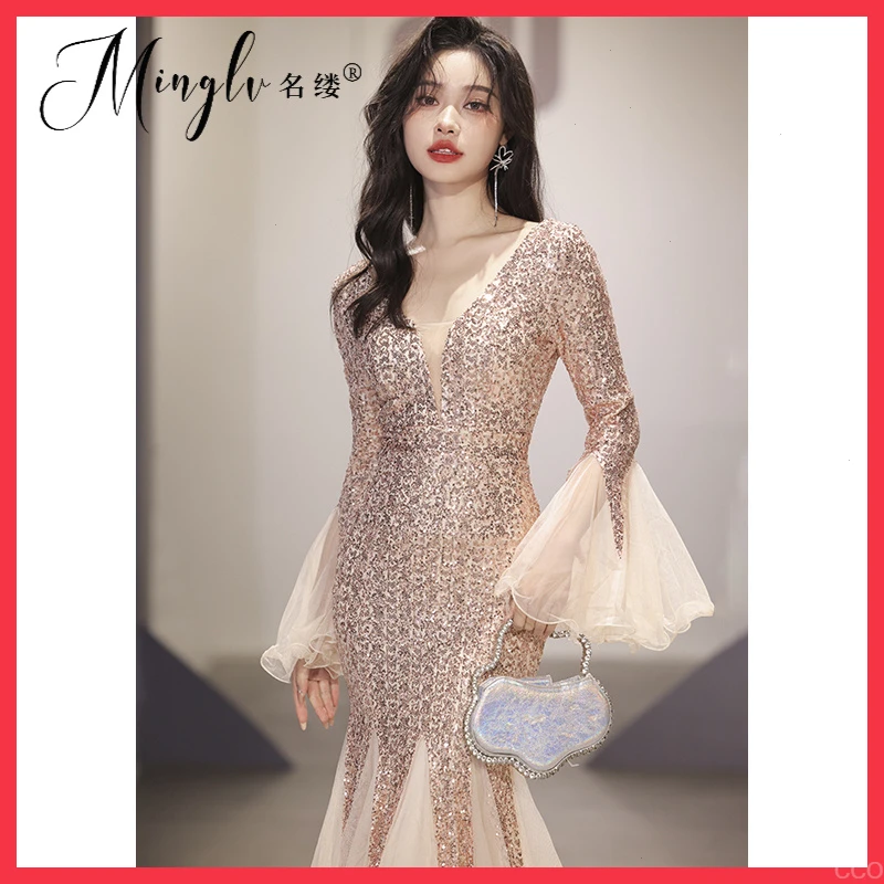 新款2025晚礼服女时尚主持人小众轻奢高级感香槟色气质高端鱼尾裙