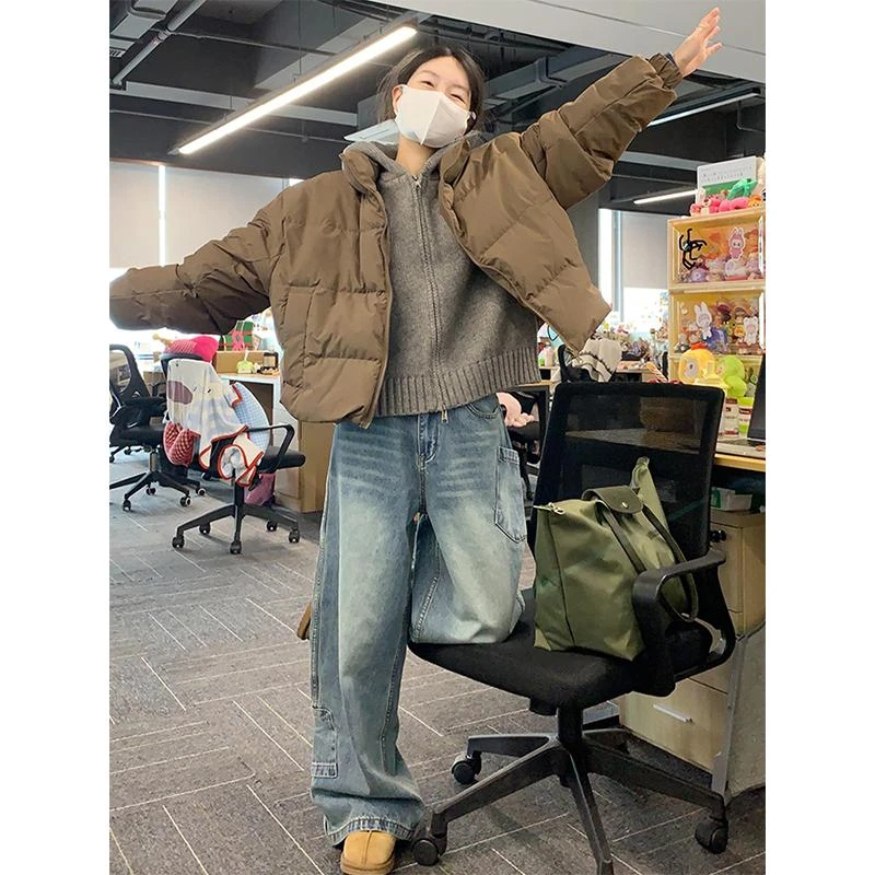 美式复古高级感设计牛仔裤女春季高腰宽松显瘦直筒侧袋弯刀阔腿裤