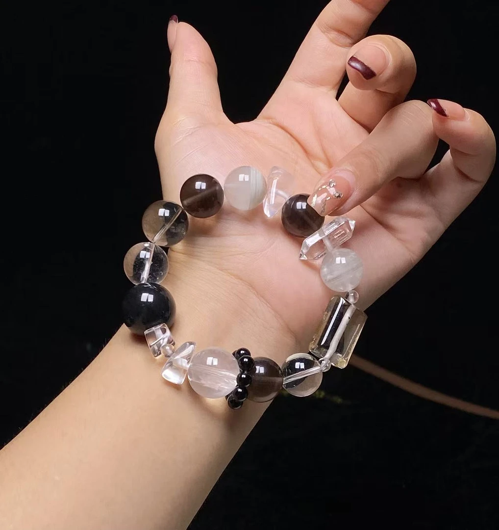 原创设计天然水晶手串含白水晶茶晶千层彩幽灵