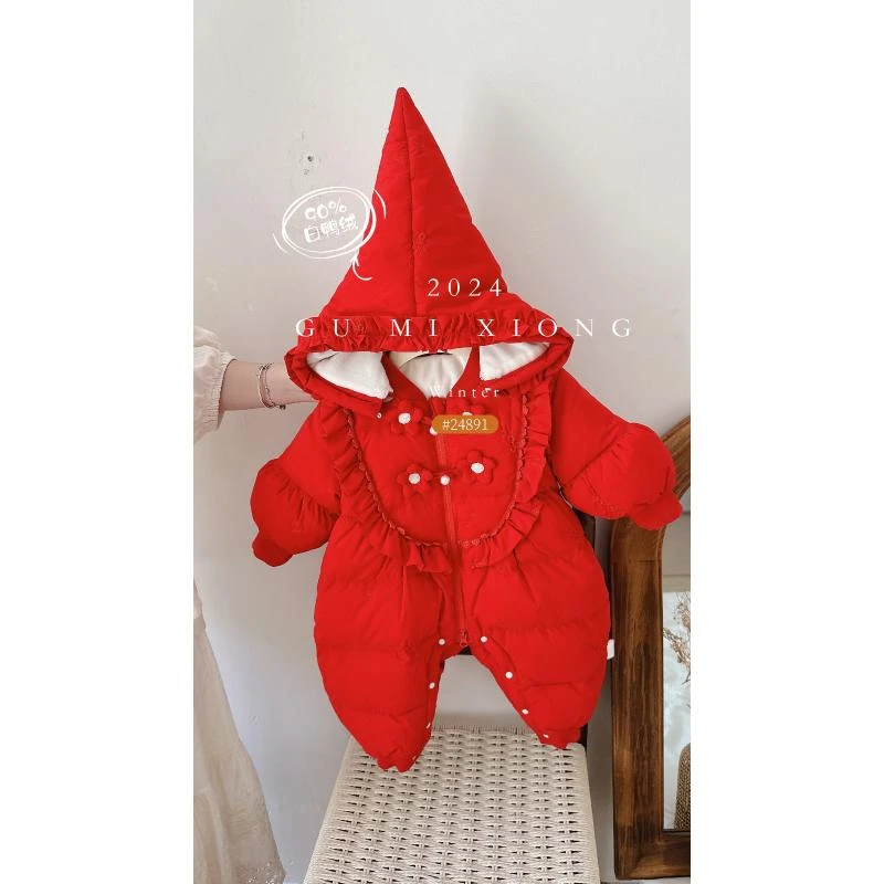 婴儿纯色加厚羽绒服白鸭绒连体衣国风刺绣花朵扣羽绒服4891