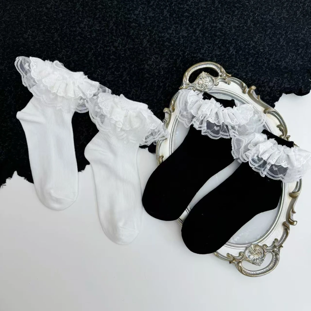 SHUQI春夏新款大花边蕾丝袜子25年百搭纯色芭蕾风中筒袜公主女袜