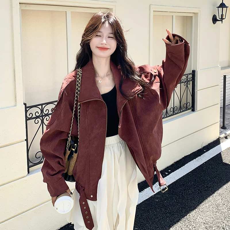 高级感酒红色皮衣外套女2025秋季新款复古宽松休闲百搭皮夹克上衣