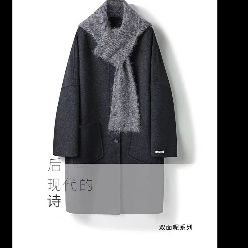 2024新款双面羊毛大衣外套连帽中长款大衣