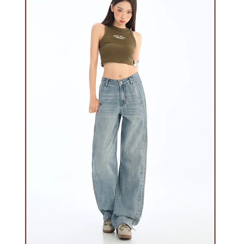 复古蓝色阔腿牛仔裤女2025年新款高腰显瘦宽松直筒垂感拖流光风