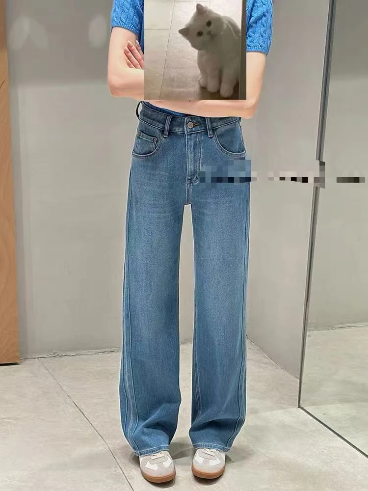 220A牛仔裤女2025春高腰显瘦蓝色直筒阔腿裤