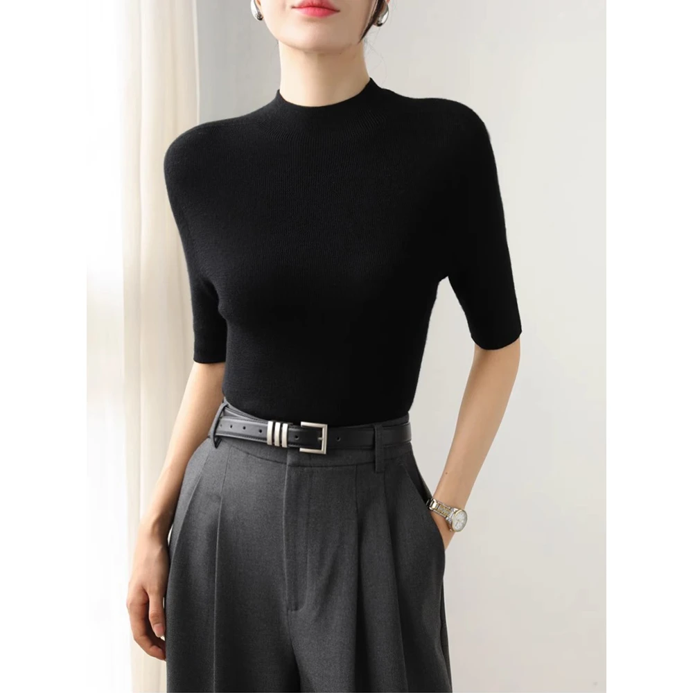 百搭经典黑色气质女春夏款中高领针织衫短袖显瘦修身内搭半袖上衣