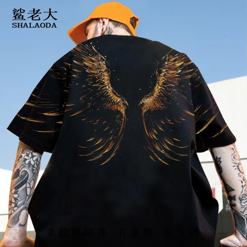 2025新款短袖T恤男ins潮牌翅膀印花落肩体恤oversize小众圆领半袖