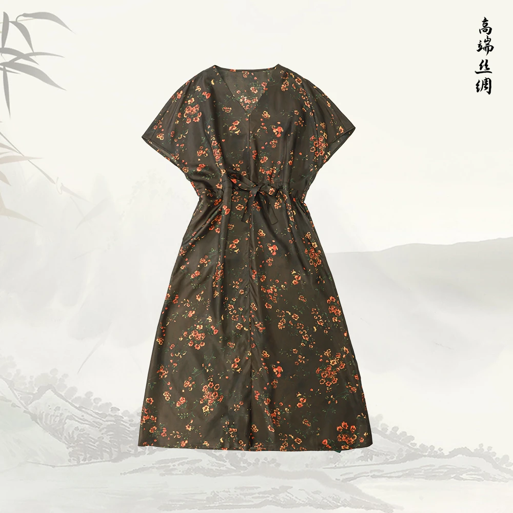 品牌新款桑蚕丝短袖V领夏季时尚连衣裙529148