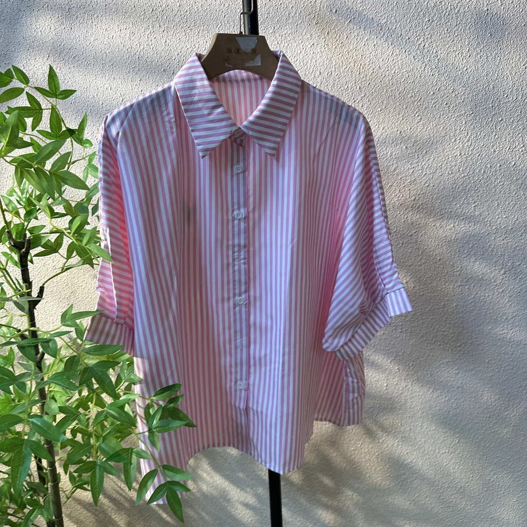 彩色条纹宽松极简翻领衬衣