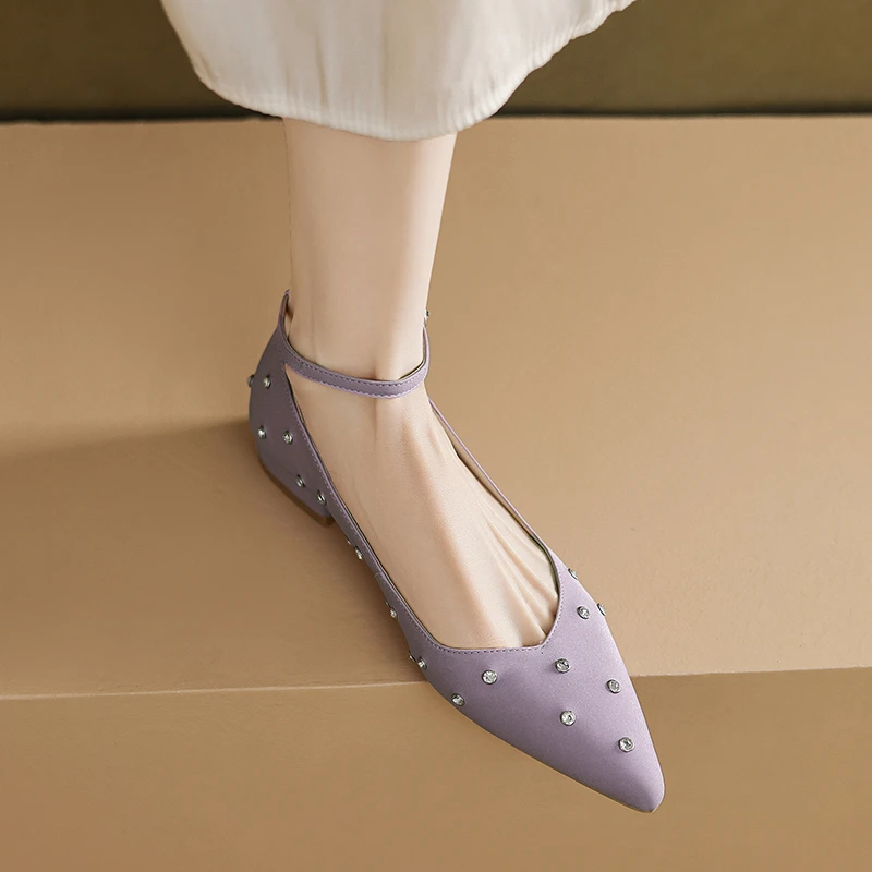 2cm法式尖头平底一字带单鞋香芋紫2025新款百搭粗跟水钻玛丽珍鞋