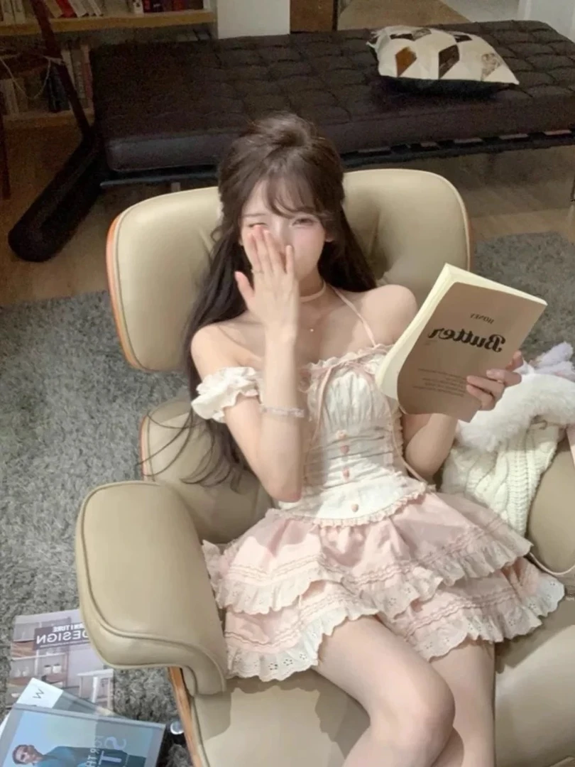 甜美蕾丝刺绣花边收腰上衣女春夏新款纯欲风公主蓬蓬短裙俩件套装