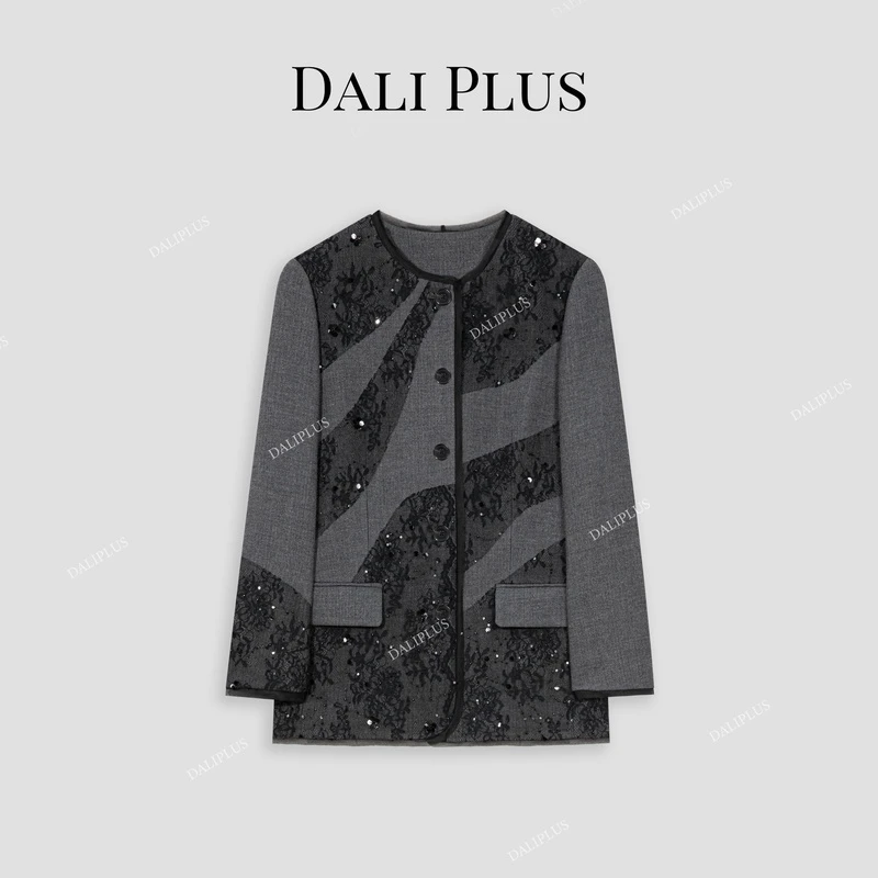 DALI PLUS100%桑蚕丝 重工高定网纱刺绣灰色西装外套-D4KK0098