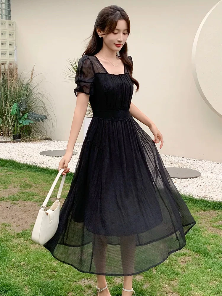 约会穿搭仙女裙长款2025夏季新款甜美温柔风泡泡袖连衣裙女2432