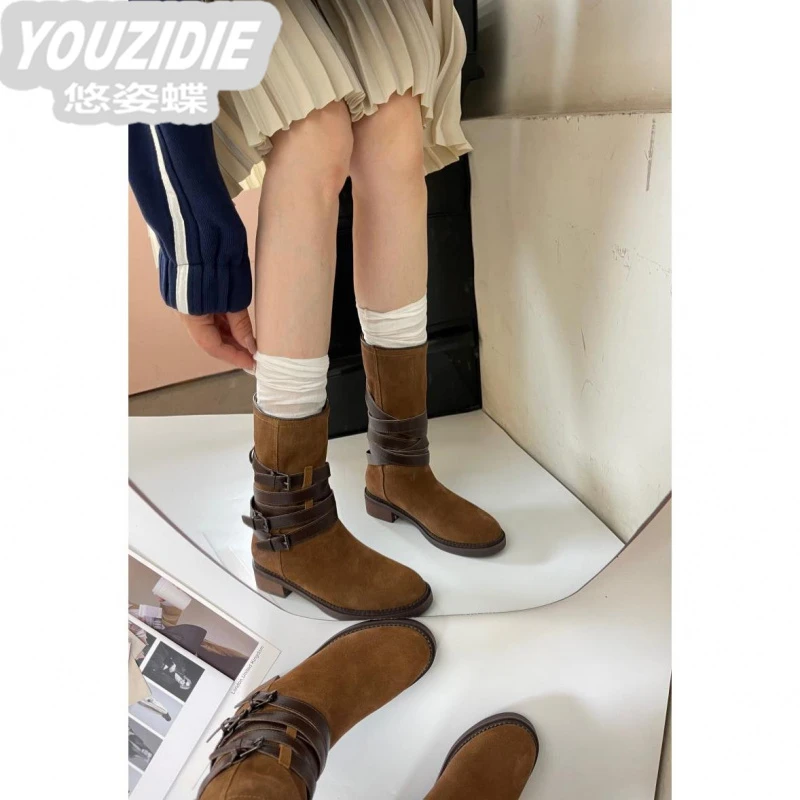 轻奢短靴女2025年新款春秋单靴子磨砂圆头粗跟西部牛仔中筒骑士靴
