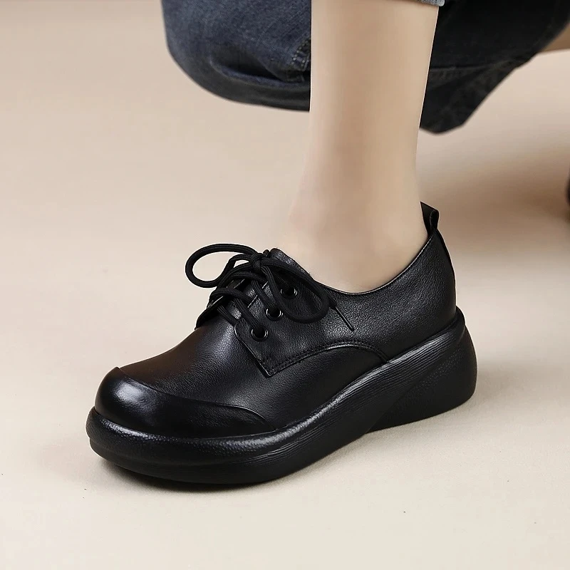 2025春季新款单鞋女松糕厚底增高鞋系带舒适妈妈鞋