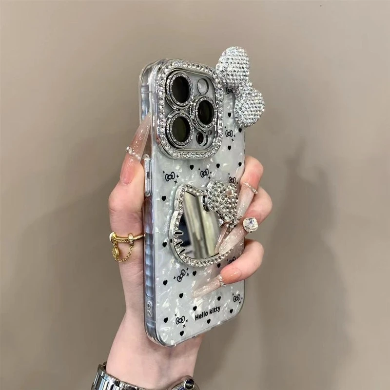 水钻爱心波点立体kt猫镜子适用16ProMax苹果手机壳iPhone15pro新