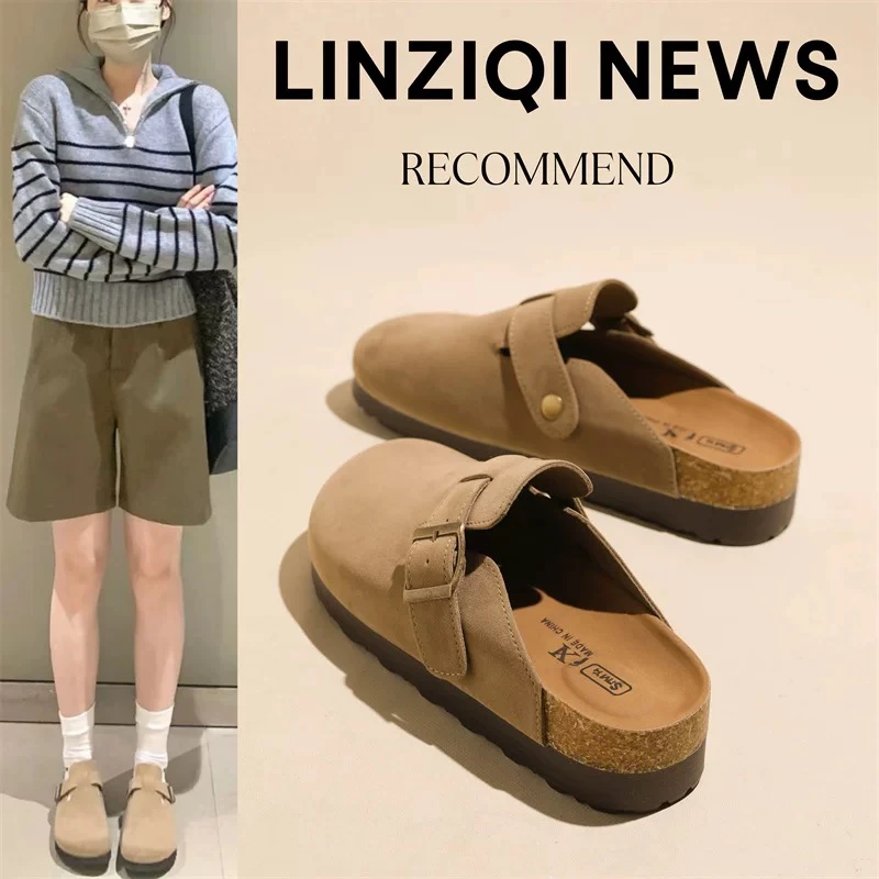 复古包头半拖鞋女软底加厚底勃肯鞋舒适休闲外穿
