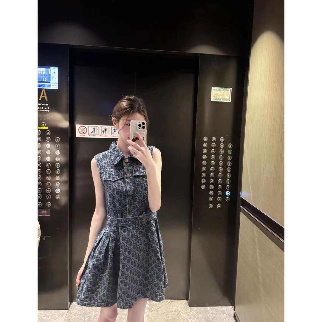 【Cikky定制】新款法式无袖收腰印花翻领腰带夏季牛仔连衣裙
