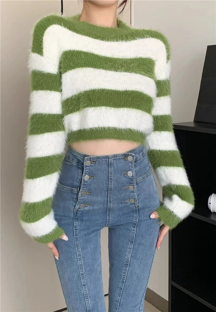 短款撞色条纹水貂绒毛衣女秋冬宽松长袖慵懒软糯针织衫小个子上衣