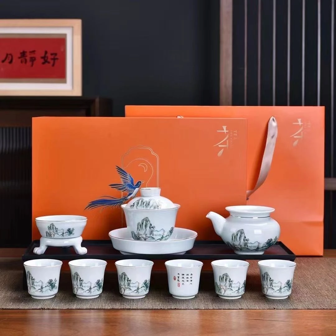 中式高档家用简约轻奢手工青瓷茶杯珐琅彩描金盖碗茶海茶漏礼盒装