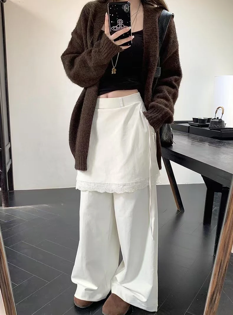 白色小众假两件蕾丝拼接直筒裤女春季高腰宽松阔腿裤休闲裤拖地裤