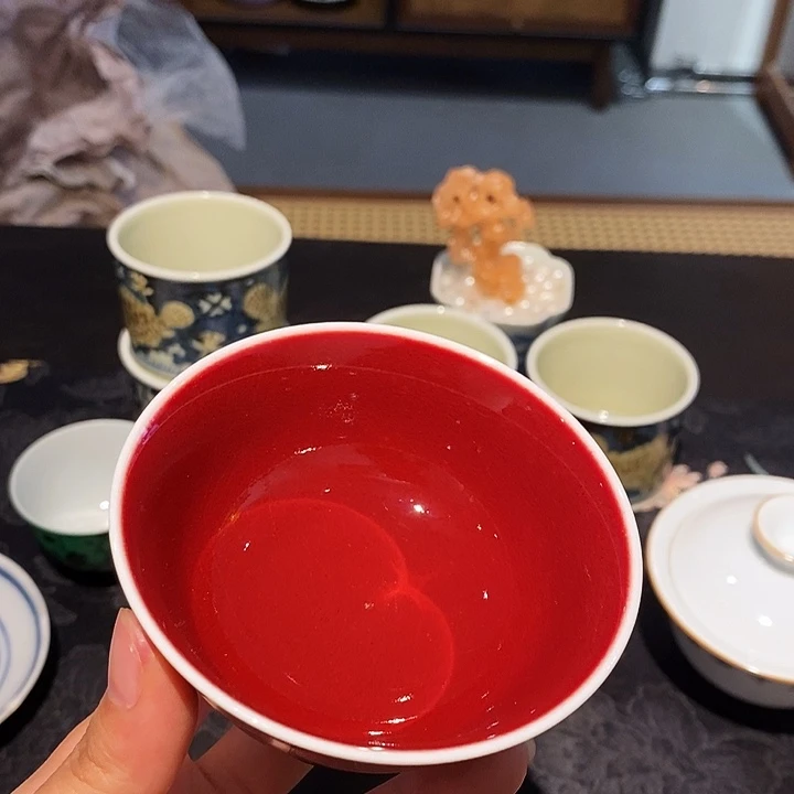 陶摆件鸡缸杯全红