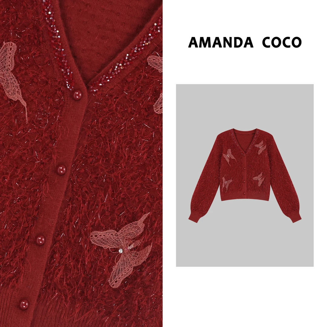 AMANDACOCO静静丨小众设计~高定重工串珠立体蝴蝶毛衣