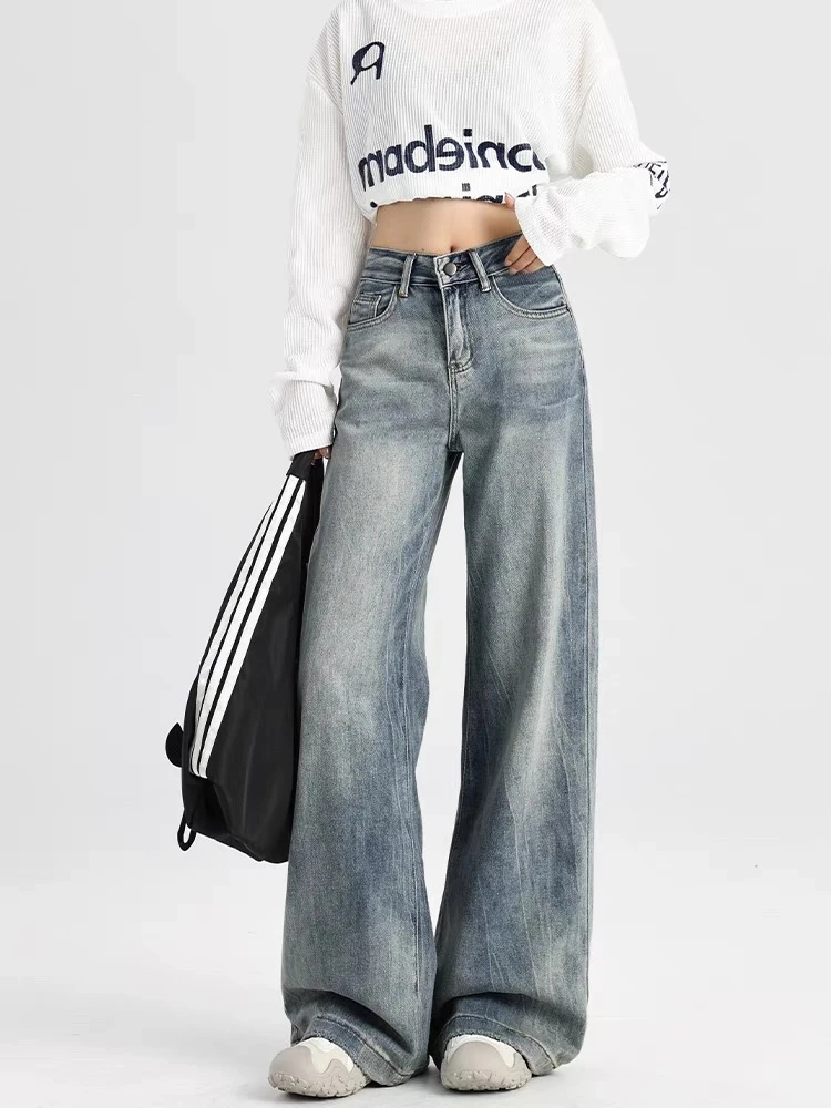美式复古阔腿牛仔裤女秋季高腰宽松慵懒风垂感拖地不贴腿微喇裤子