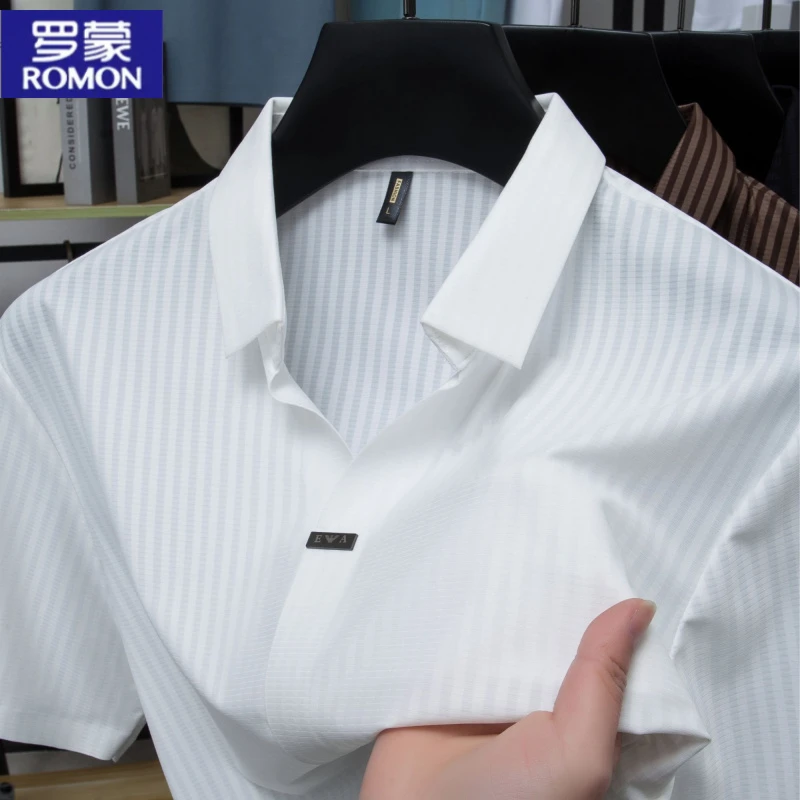 罗蒙夏季簿款冰丝条纹短袖Polo男商务宽松意式polo衫男款上衣