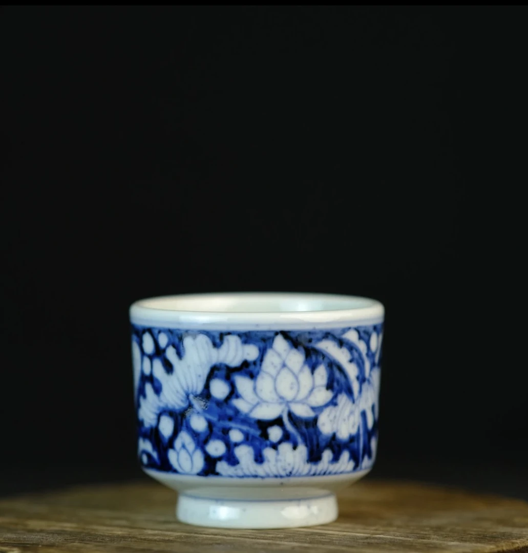 付明华柴窑-仿元青花-一路连科直口杯陶瓷汝窑茶杯花纹品茗杯茶具