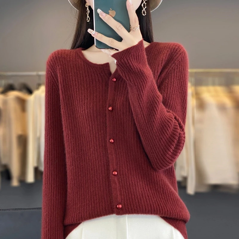 新款100%羊毛女开衫外套坑条打底衫时尚百搭系扣毛衣显瘦针织纯色